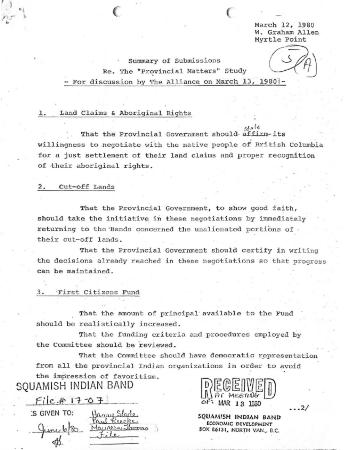 Summary of Submissions Re. The "Provincial Matters" Study