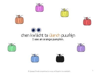 chen kw'ácht ta úlanch puum̓ḵn - I see an orange pumpkin