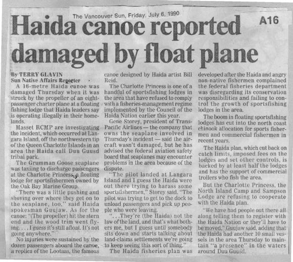 Haida canoe reported damaged by float plane