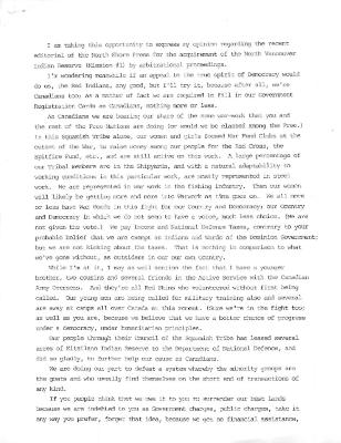 [Opinion regarding the recent editorial of the North Shore Press for the acquirement of the North Vancouver Indian Reserve (Mission #1) by arbitrational proceedings]