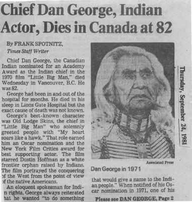 Chief Dan George, Indian Actor, Dies in Canada at 82