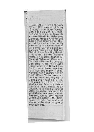 [Notice of passing: Norman Johnny 'Gretzky' Natrall Jr.]