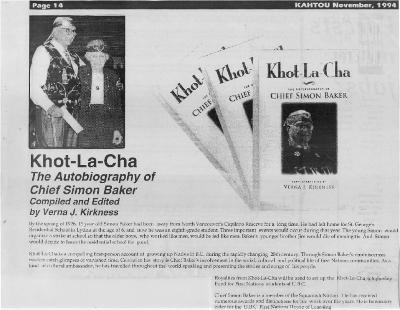 Khot-La-Cha: The Autobiography of Chief Simon Baker Compiled and Edited by Verna J. Kirkness