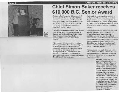 Chief Simon Baker receives $10,000 B.C. Senior Award