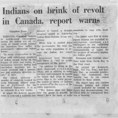 Indians on brink of revolt in Canada, report warns