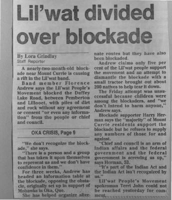 Lil'wat divided over blockade