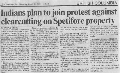 Indians plan to join protest against clearcutting on Spetifore property