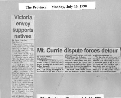 Victoria envoy supports natives ; Mt. Currie dispute forces detour
