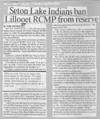 Seton Lake Indians ban Lillooet RCMP from reserve
