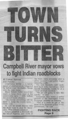 Town Turns Bitter: Campbell River mayor vows to fight Indian roadblocks