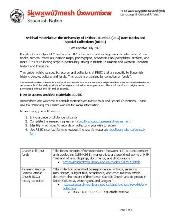 Archival Materials at the University of British Columbia (UBC) Rare Books and Special Collections (RBSC)