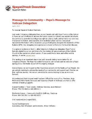 Message to Community - Pope’s Message to Vatican Delegation