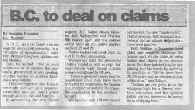 B.C. to deal on claims