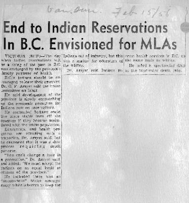 End to Indian Reservations in B.C. Envisioned for MLAs