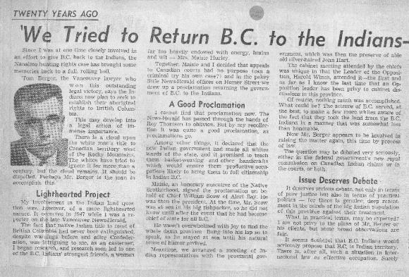 Twenty Years Ago: 'We Tried to Return B.C. to the Indians - and the Cabinet Listened'