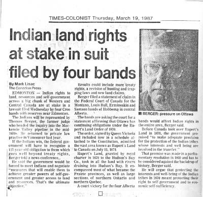 Indian land rights at stake in suit filed by four bands