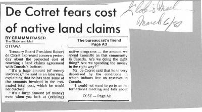 De Cotret fears cost of native land claims: Cost of Indian land claims stirs concern