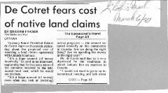 De Cotret fears cost of native land claims: Cost of Indian land claims stirs concern