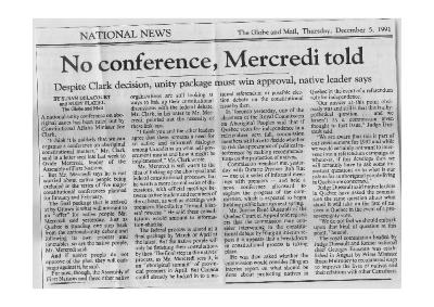 No conference, Mercredi told: Despite Clark decision, unity package must win approval, native leader says