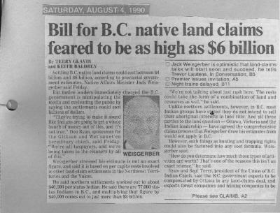 Bill for B.C. native land claims feared to be as high as $6 billion