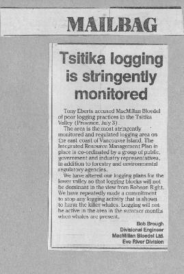 Tsitika logging is stringently monitored
