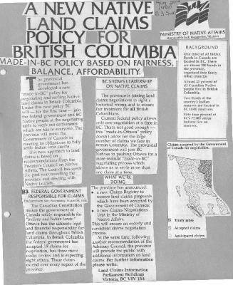 A New Native Land Claims Policy for British Columbia: Made-in-BC Policy Based on Fairness, Balance, Affordability