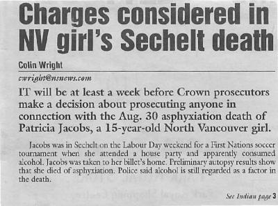 Charges considered in NV girl's Sechelt death; Indian band fire woman connected to party