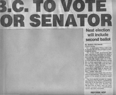 B.C. to vote for senator: next election will include second ballot; Reform, NDP like vote