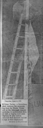 [Peter Turley removing corporate flag from the Westar Timber mill]