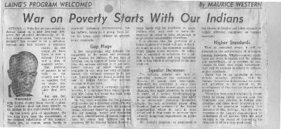 Laing's Program Welcomed: War on Poverty Starts With Our Indians