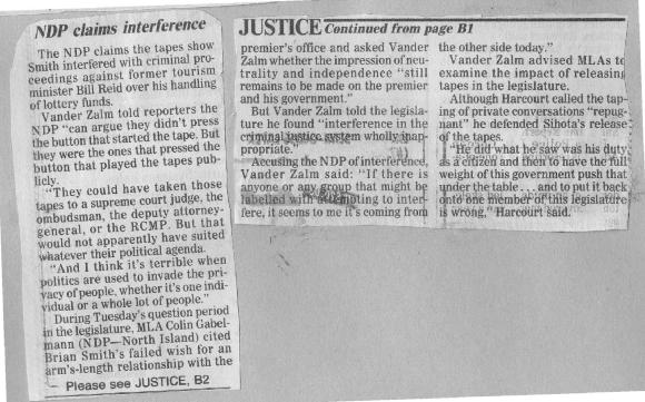 ["The NDP claims the tapes show Smith interfered with criminal proceedings against former tourism minister BVill Reid over his handling of lottery funds..."]