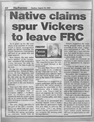 Native claims spur Vickers to leave FRC