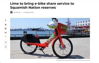 Lime to bring e-bike share service to Squamish Nation reserves